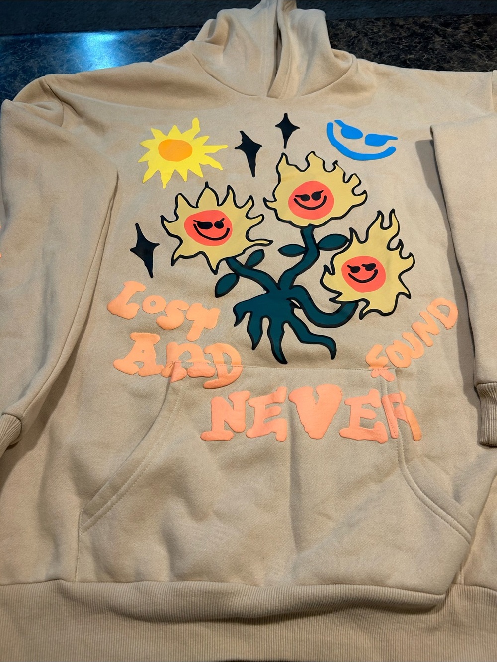 PacSun Beige Hoodie with Sunny Floral Graphic and Colorful Accents